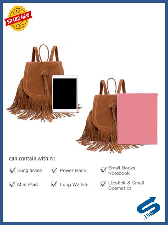 Suede Fringe Tassel Backpack Purse - Faux Leather Travel Daypack